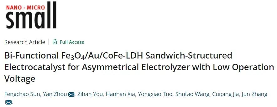 張軍/周炎Small: 電池電壓最低值！雙功能Fe3O4/Au/CoFe-LDH夾層結(jié)構(gòu)電催化劑用于不對(duì)稱電解槽