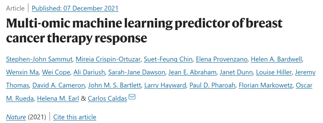劍橋大學(xué)Nature: 預(yù)測乳腺癌治療反應(yīng)的多組學(xué)機(jī)器學(xué)習(xí)預(yù)測器