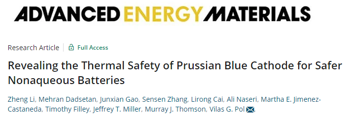 普渡大學AEM：揭示用于非水系電池的普魯士藍類似物正極的熱安全性