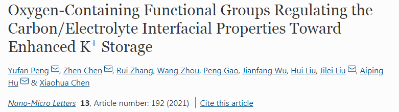 湖大/烏爾姆亥姆霍茲研究所NML：含氧官能團(tuán)調(diào)節(jié)碳/電解液界面特性以增強(qiáng)K+存儲(chǔ)