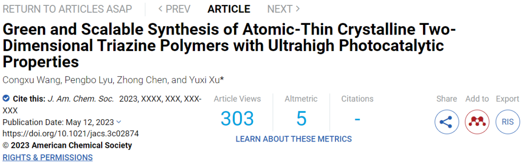 西湖大學(xué)徐宇曦JACS：綠色和可擴(kuò)展合成！2D TPs具有超高光催化性能