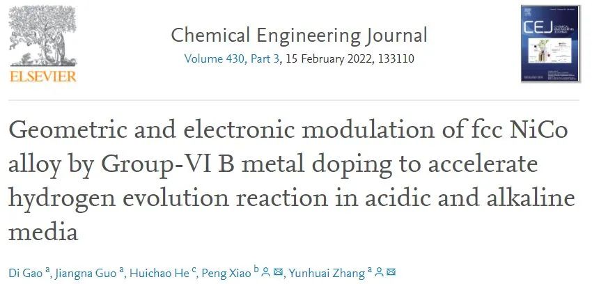 重大張云懷、肖鵬Chem. Eng. J.：摻雜有妙用，調(diào)控結(jié)構(gòu)和電子結(jié)構(gòu)促進Ni-Co合金電催化HER