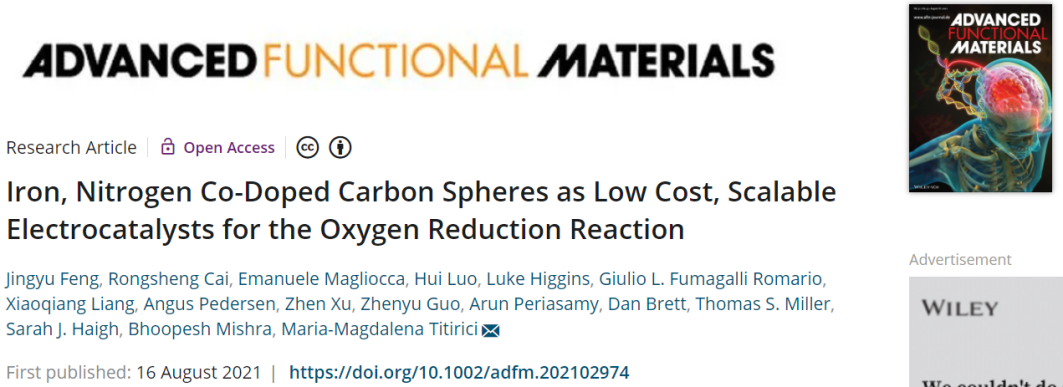 AFM：Fe、N共摻雜碳球作為用于ORR的低成本、可擴展的電催化劑