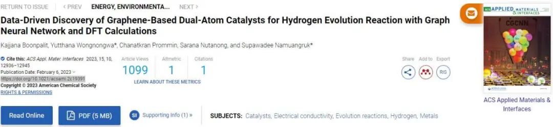 【計(jì)算+機(jī)器學(xué)習(xí)】ACS AMI：基于圖神經(jīng)網(wǎng)絡(luò)和DFT計(jì)算對(duì)石墨烯基析氫反應(yīng)雙原子催化劑的理論發(fā)現(xiàn)