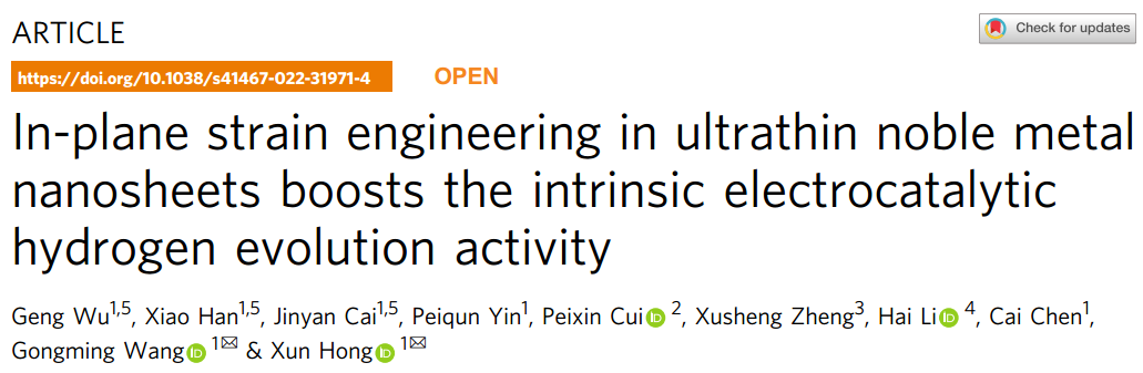 中科大JACS：面內應變提升貴金屬納米片HER活性