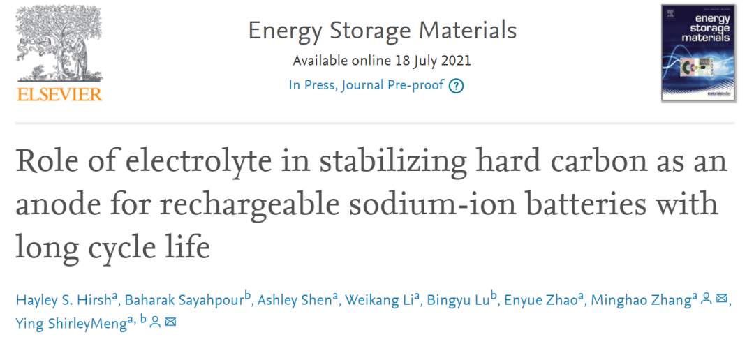 加大圣地亞哥分校EnSM: 電解質(zhì)在穩(wěn)定長循環(huán)壽命可充電鈉離子電池硬碳負(fù)極中的作用
