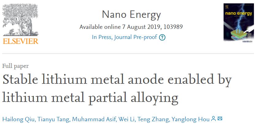 北京大學(xué)侯仰龍團隊Nano Energy：鋰金屬部分合金化制備穩(wěn)定鋰金屬負極