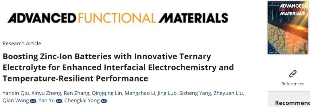 楊程凱/于巖/王騫AFM：三元電解液增強鋅離子電池的界面電化學(xué)和溫度耐受性