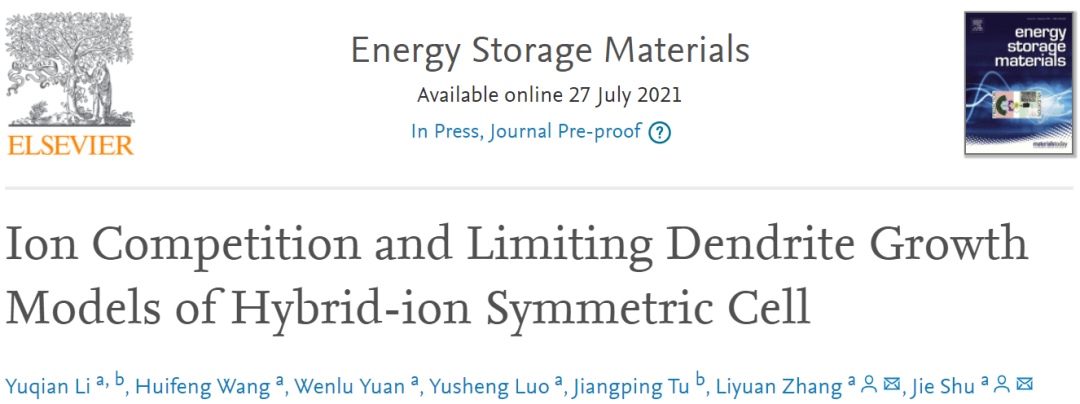 寧波大學EnSM: 混合離子對稱電池的離子競爭和限制枝晶生長模型