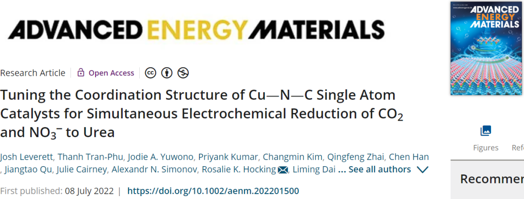 AEM：首次報道！Cu-N-C單原子催化劑將CO2和NO3-電化學還原為尿素