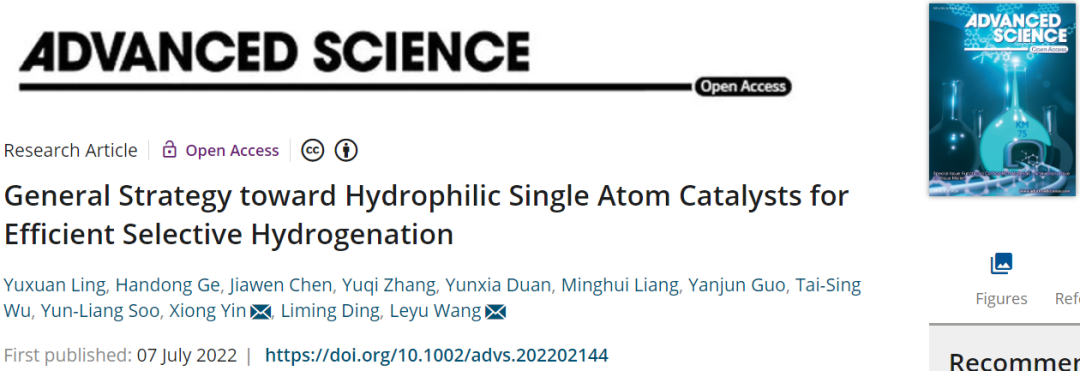 北化工汪樂余/殷雄Adv. Sci.：制備親水SACs一般策略！助力高效選擇性加氫