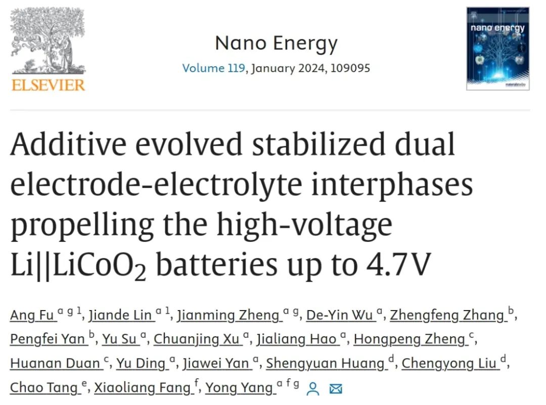 廈大楊勇Nano Energy：穩(wěn)定雙電極電解質(zhì)界面實現(xiàn)4.7V高壓 Li||LiCoO2 電池