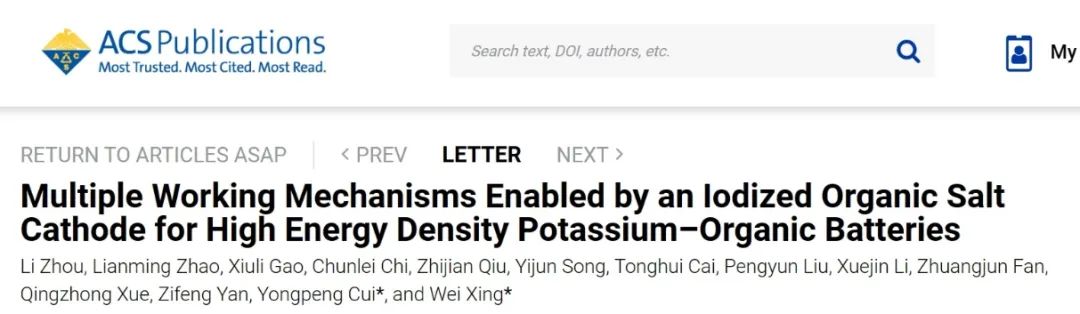 石大邢偉/崔永朋ACS Energy Letters：碘化有機(jī)鹽正極實(shí)現(xiàn)高能量密度鉀有機(jī)電池