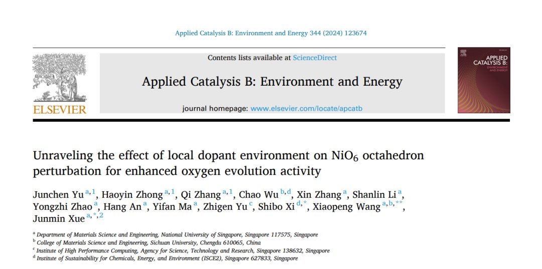 新加坡國立大學薛軍民/王曉鵬/席識博Appl. Catal. B：解析局部摻雜環(huán)境對鎳氧八面體的調控對電催化析氧活性的作用