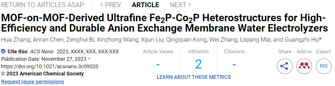 云南大學(xué)ACS Nano：Fe2P-Co2P/NPC助力高效耐用的AEMWE！