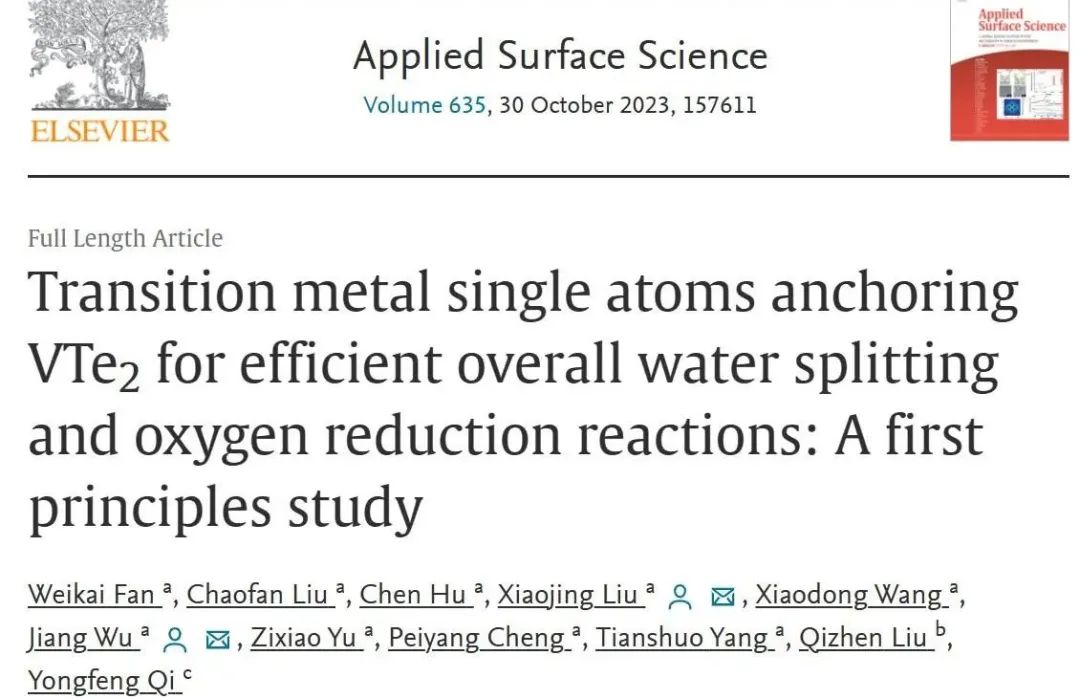 【純計(jì)算】Appl. Surf. Sci.：過渡金屬單原子錨定VTe2用于高效的整體水分裂和析氧反應(yīng)