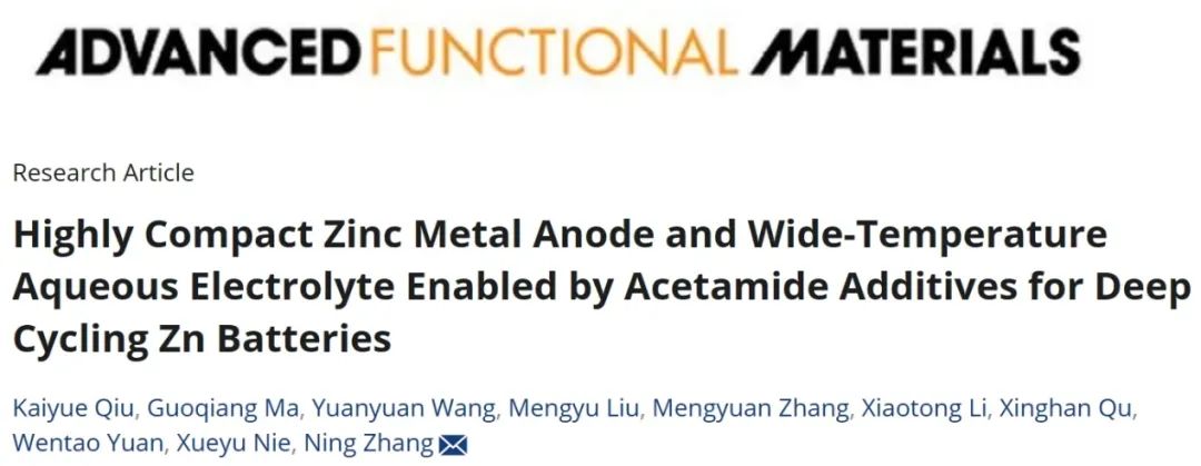 ?河北大學(xué)AFM：乙酰胺添加劑實(shí)現(xiàn)深循環(huán)鋅電池中的高度致密鋅金屬負(fù)極和寬溫水系電解質(zhì)