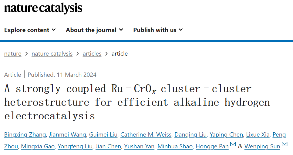 浙大潘洪革/孫文平Nature Catalysis：構(gòu)建高效堿性氫電催化的團(tuán)簇-團(tuán)簇異質(zhì)結(jié)構(gòu)