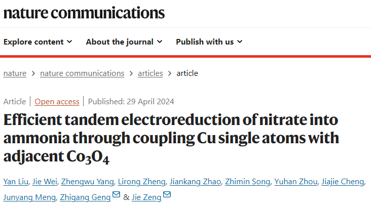 中科大曾杰/耿志剛Nature子刊：Cu單原子與Co3O4耦合高效串聯電催化還原硝酸鹽為氨！
