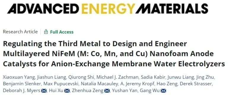 ?四單位聯(lián)合AEM: 制備多層NiFeM納米泡沫催化劑，顯著提高AEMWE性能